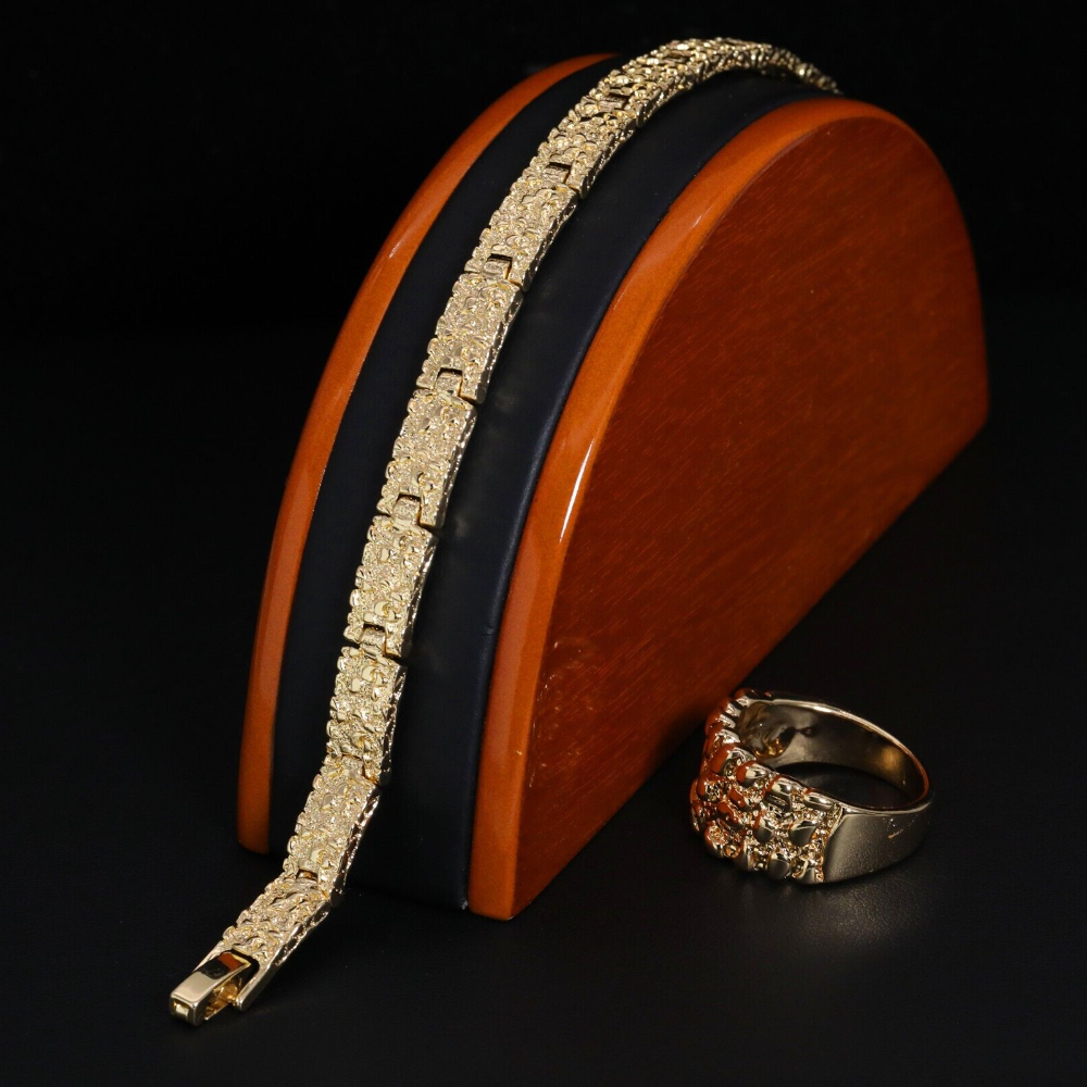 Gold Color Mens Nugget Pinky Ring with Nugget Bar Bracelet Jewelry Set