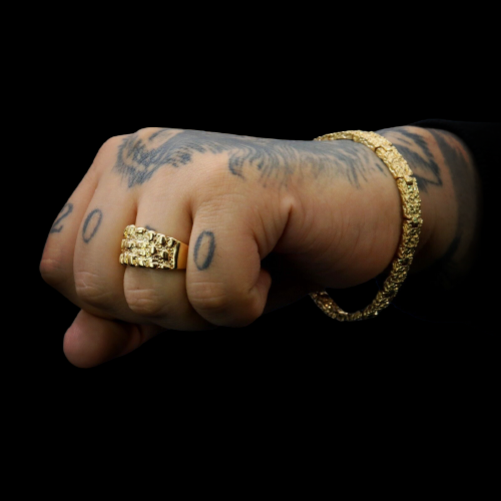 Gold Color Mens Nugget Pinky Ring with Nugget Bar Bracelet Jewelry Set