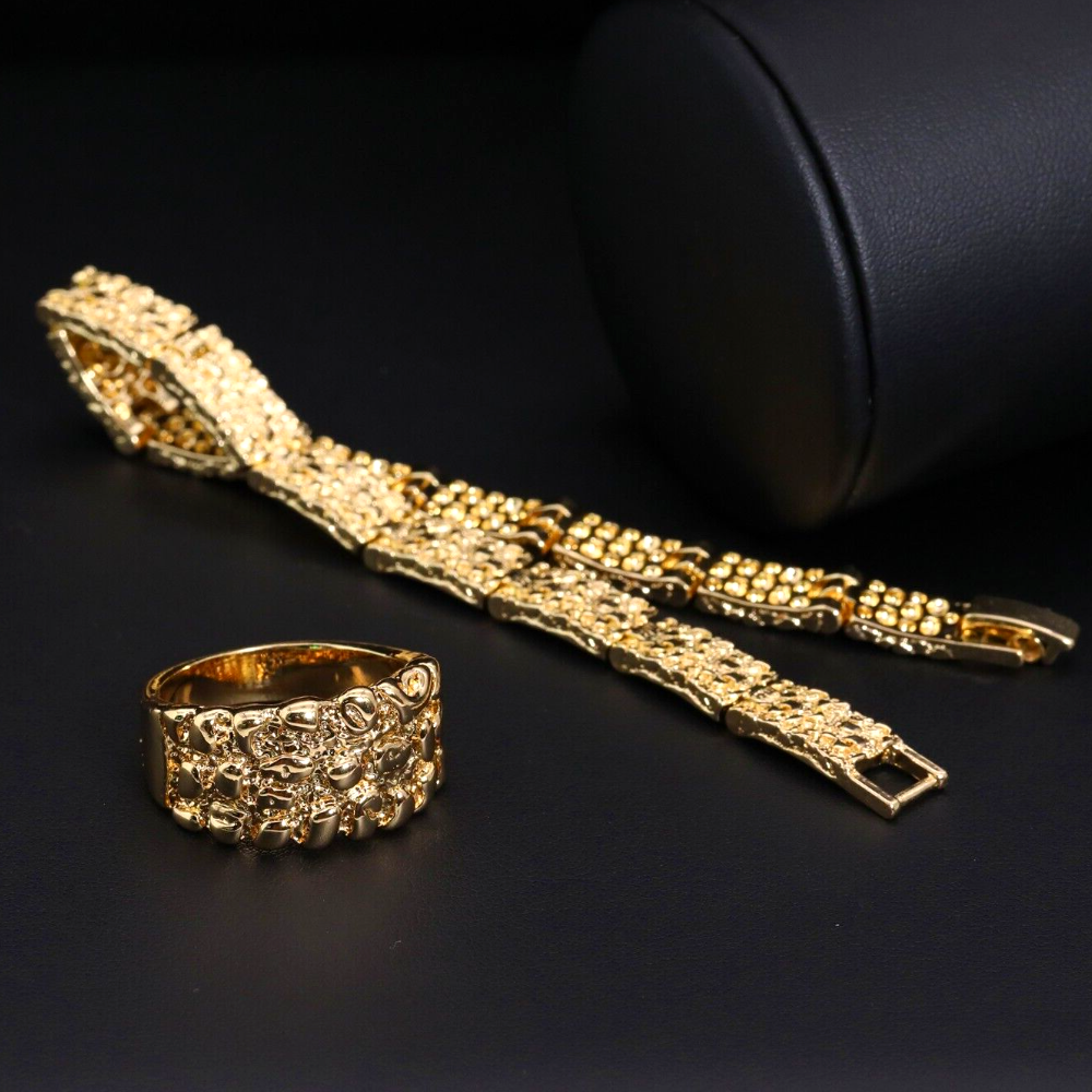 Gold Color Mens Nugget Pinky Ring with Nugget Bar Bracelet Jewelry Set