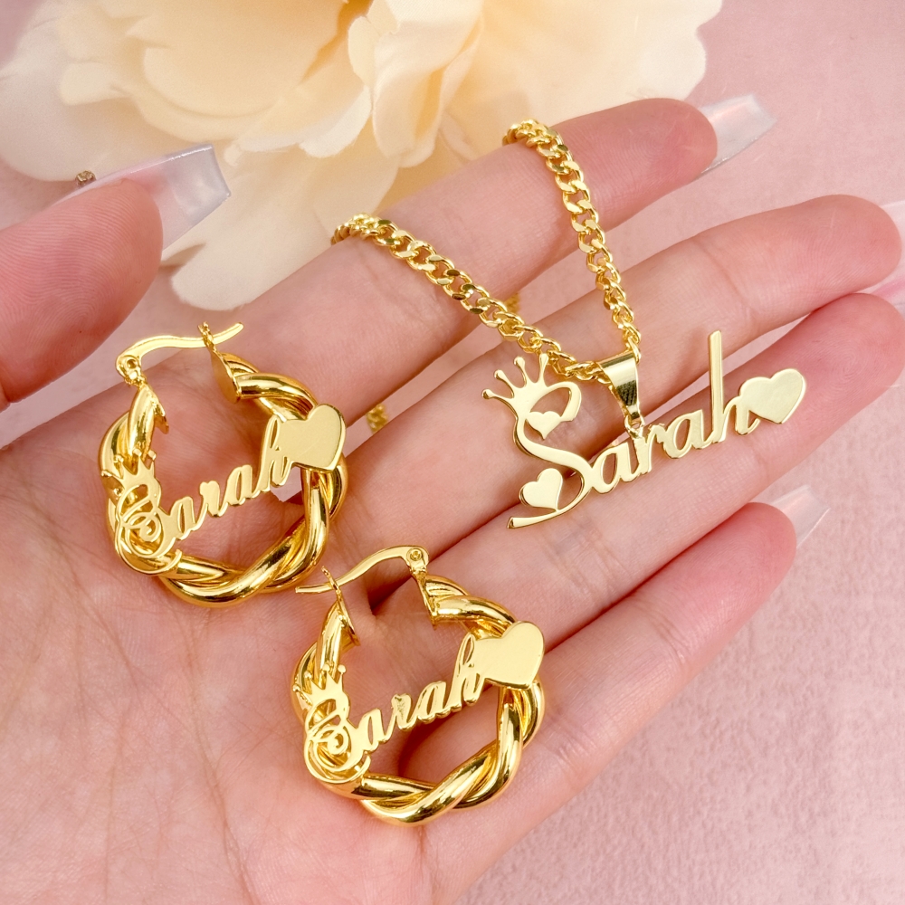 Crown Heart Personalized Name Necklace and Mini Twist Hoop Earrings Set