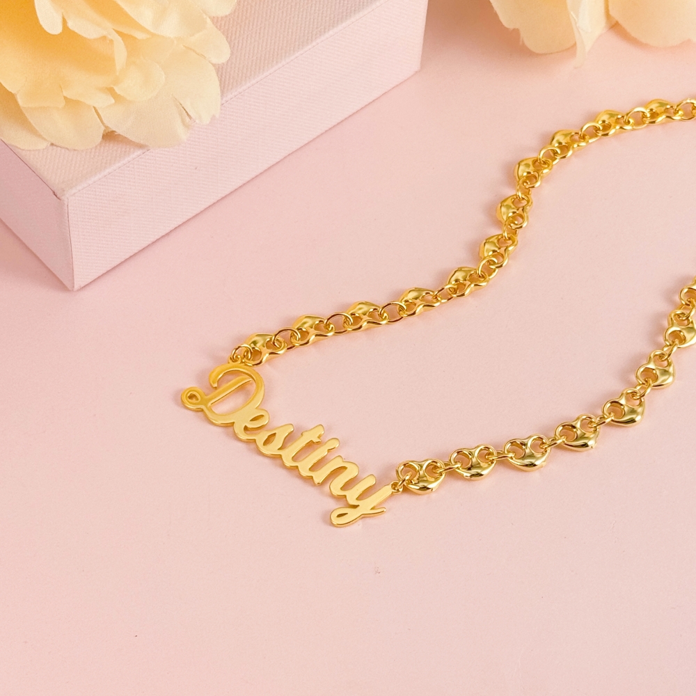 Puffed Heart Mariner Link Chain Name Necklace Custom Name Necklace
