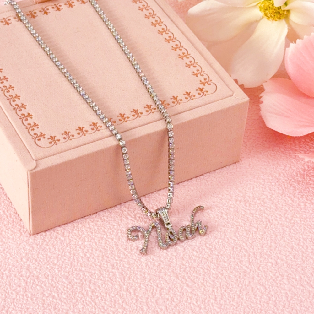 Tennis Chain Gold Plated Cursive Letter Pendant Personalized Custom Name Necklace
