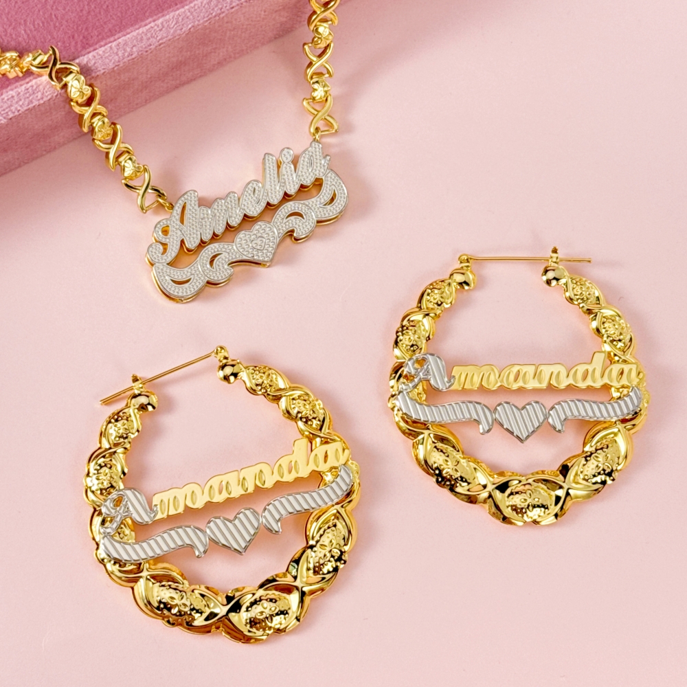 Double Layer Two Tone Personalized Custom Gold Plated XOXO Chain Name Necklace and XOXO Bamboo Hoop Name Earrings Set