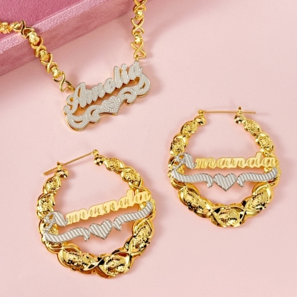 Double Layer Two Tone Personalized Custom Gold Plated XOXO Chain Name Necklace and XOXO Bamboo Hoop Name Earrings Set