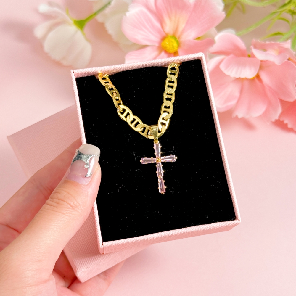 Pink Zirconia Cross Pendant Necklace with Mariner Chain