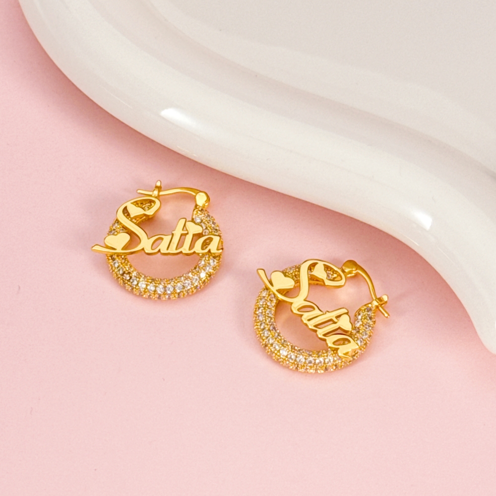 25mm Iced Out Hoop Nameplate Earrings Personalized Name Earrings