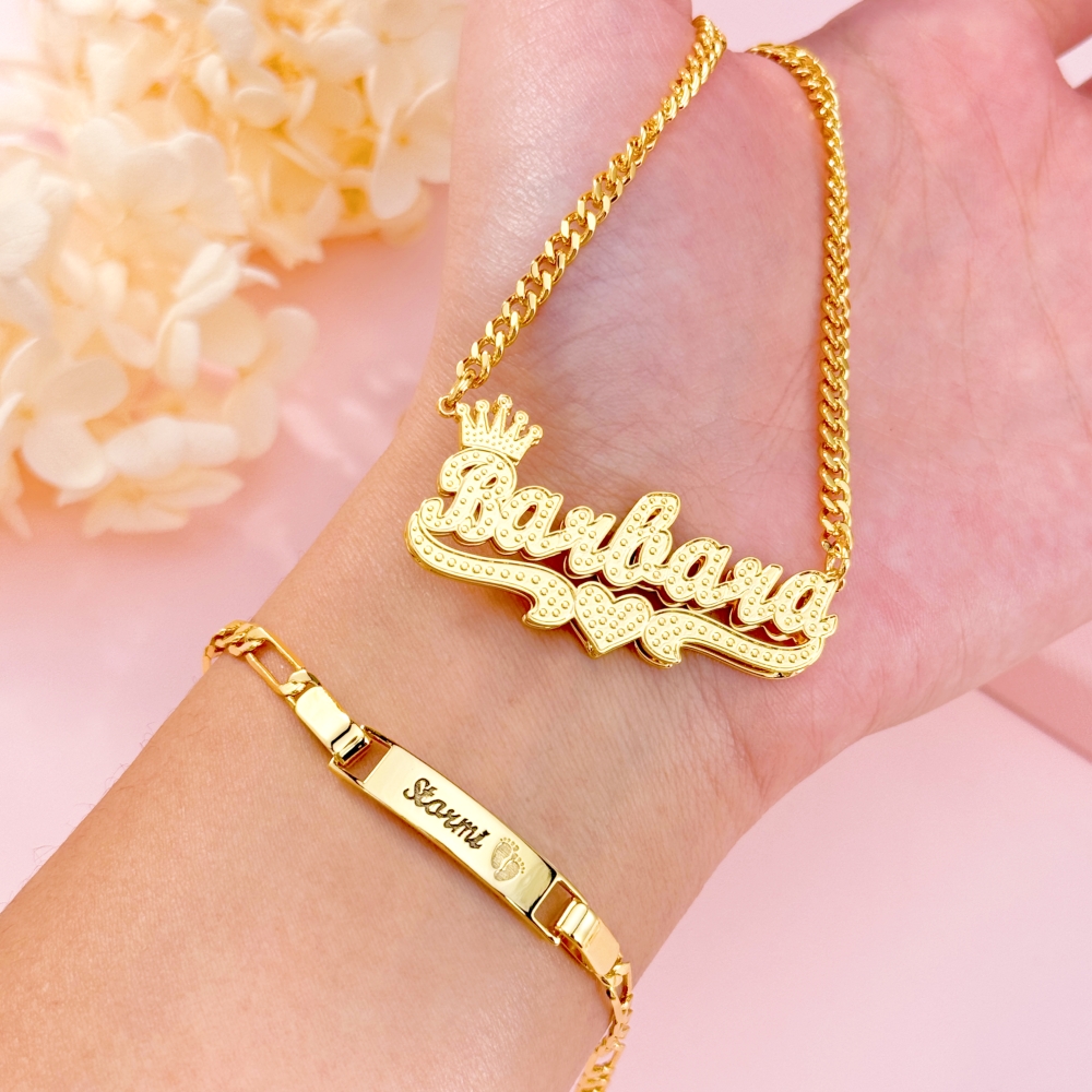 Crwon Heart Double Plate Name Necklace and Baby Feet Print Bracelet Set