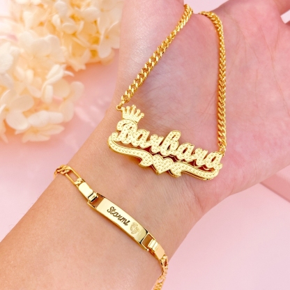 Crwon Heart Double Plate Name Necklace and Baby Feet Print Bracelet Set
