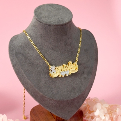 Two Tone Double Plate Custom Name Necklace with Two Hearts