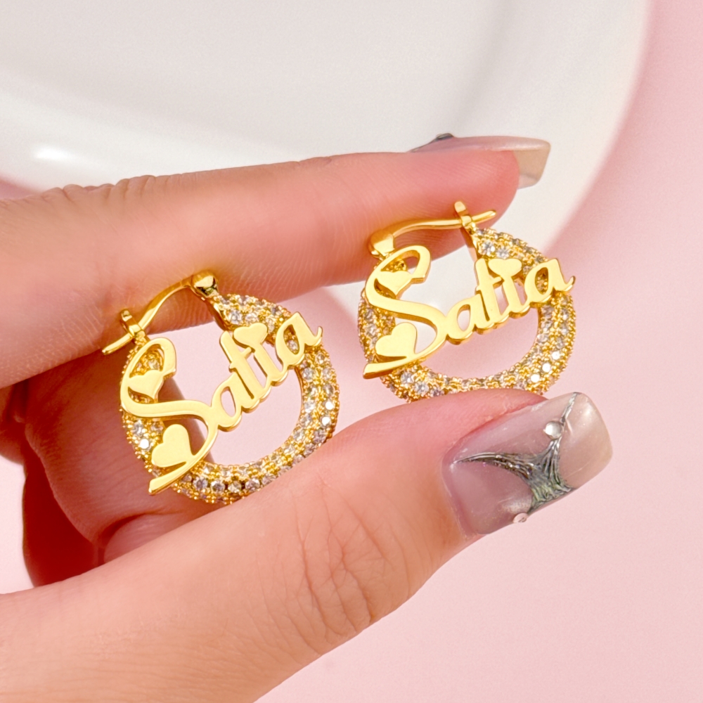 25mm Iced Out Hoop Nameplate Earrings Personalized Name Earrings