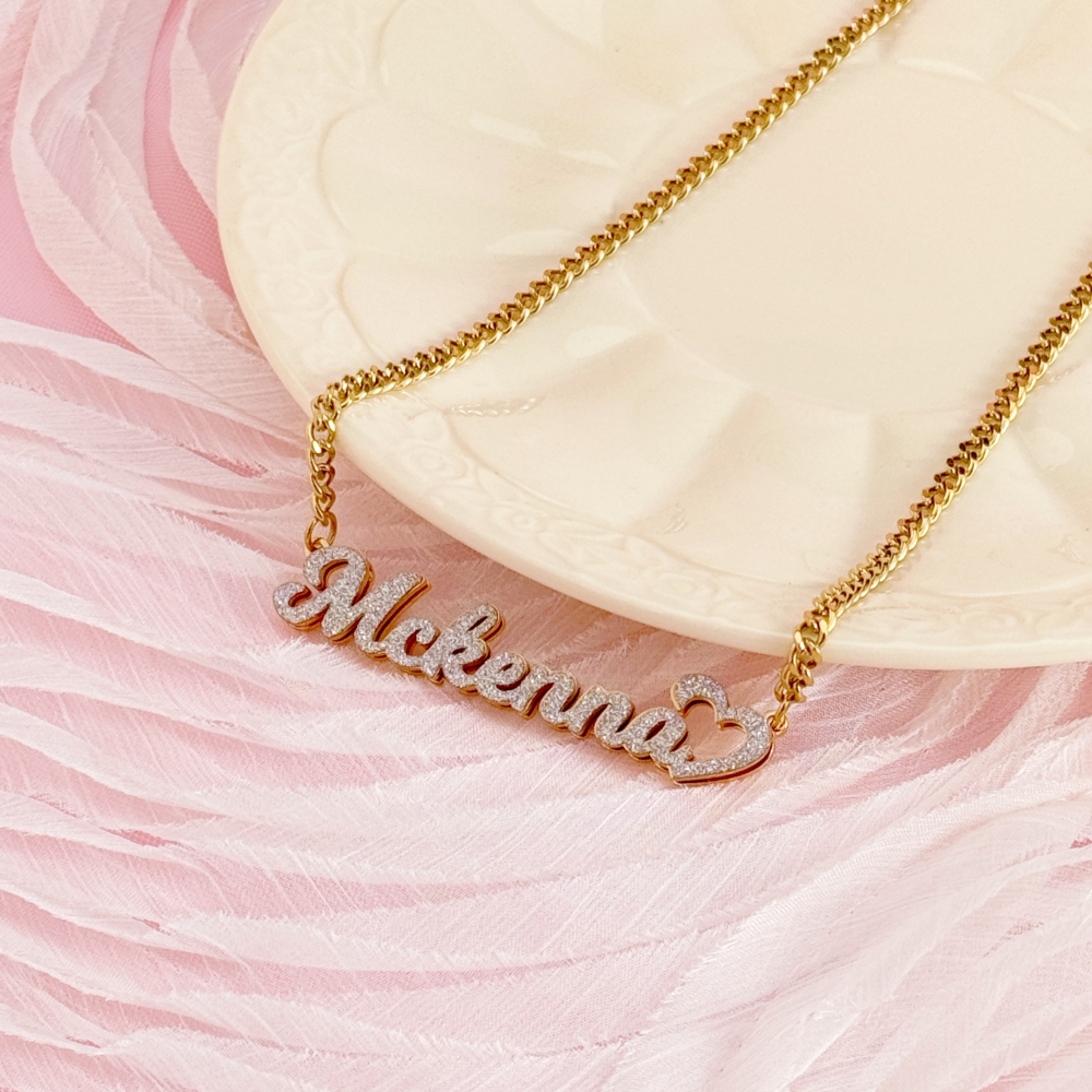 Shiny Bling Double Plate Heart Name Necklace Custom Name Necklace