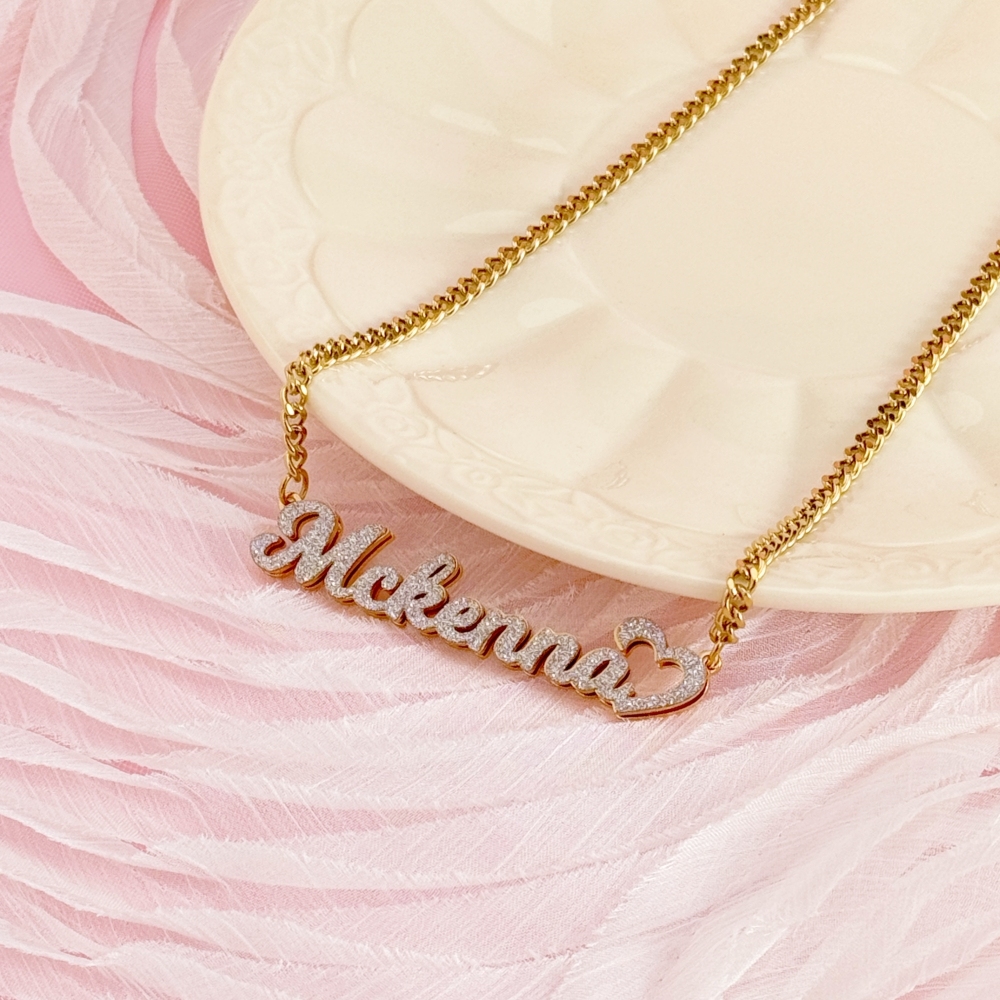 Shiny Bling Double Plate Heart Name Necklace Custom Name Necklace