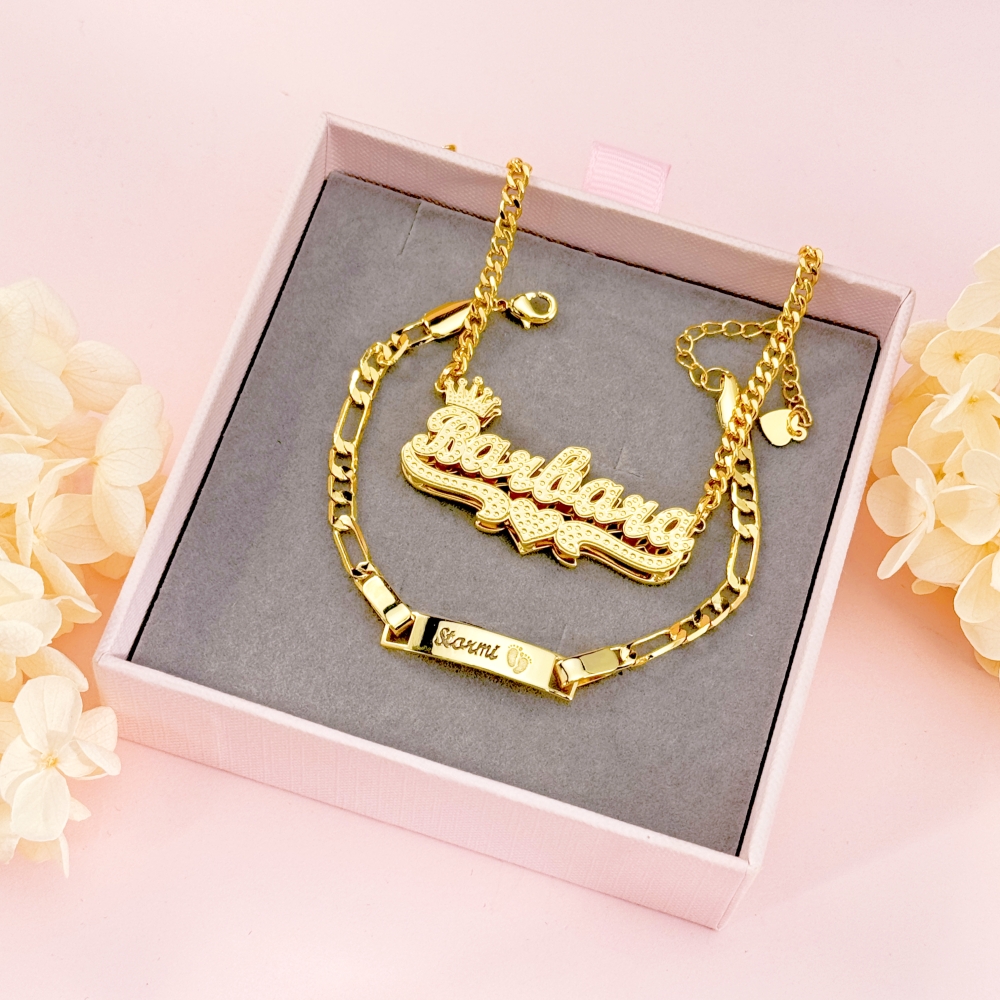 Crwon Heart Double Plate Name Necklace and Baby Feet Print Bracelet Set