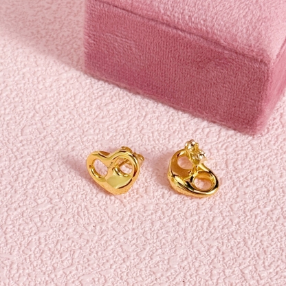 Gold Plated Puffed Heart Mariner Link Stud Earrings