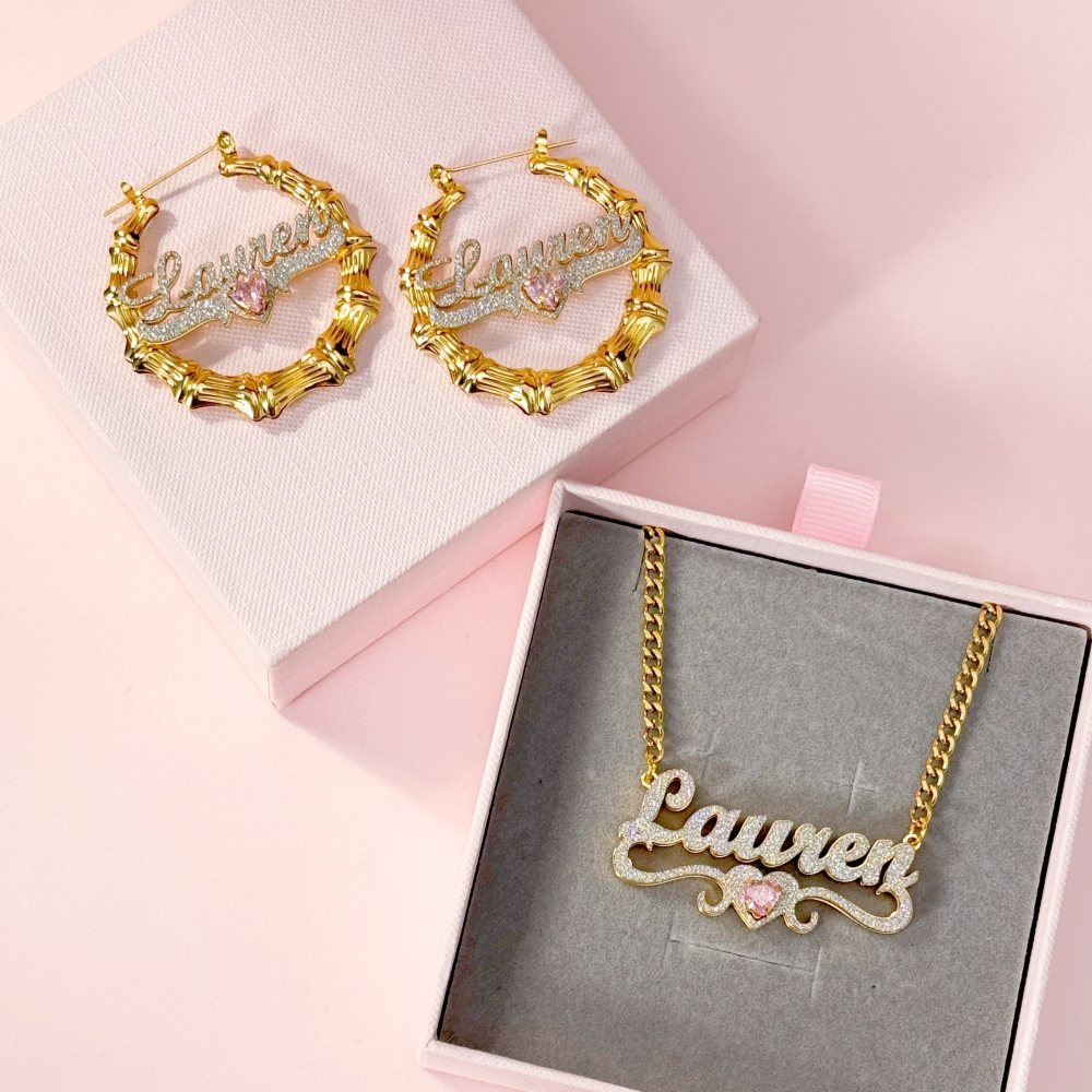 Shiny Heart Birthstone Personalized Name Necklace and Bamboo Earrings Set