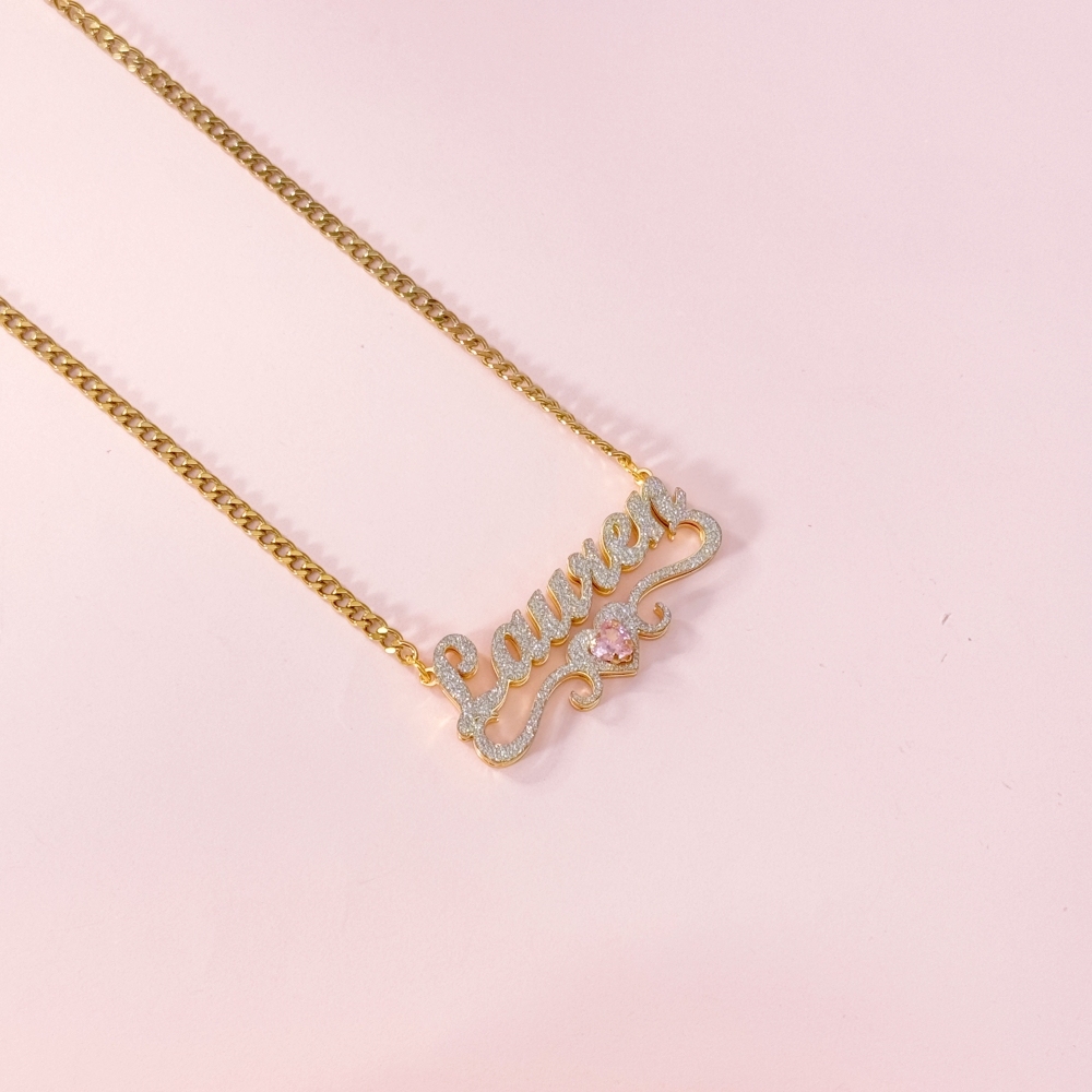 Shiny Heart Birthstone Personalized Name Necklace and Bamboo Earrings Set