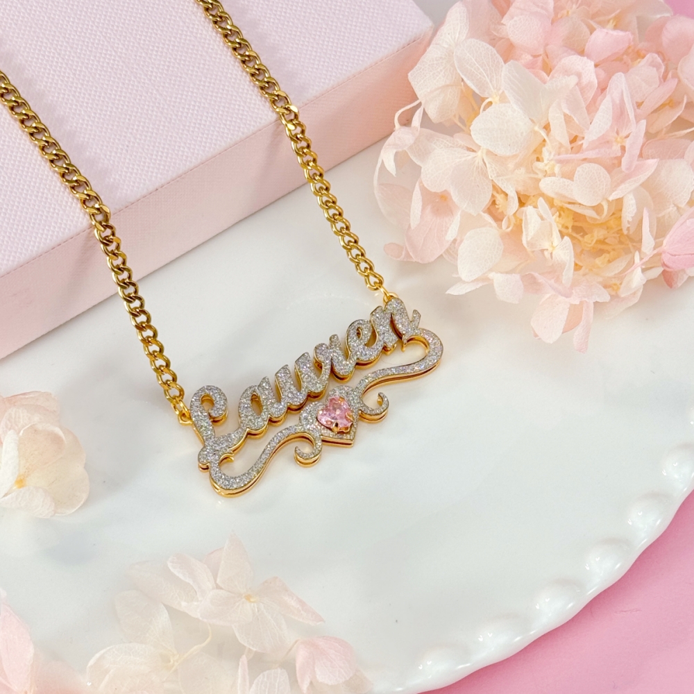 Double Layer Shiny Heart Birthstone Custom Name Necklace
