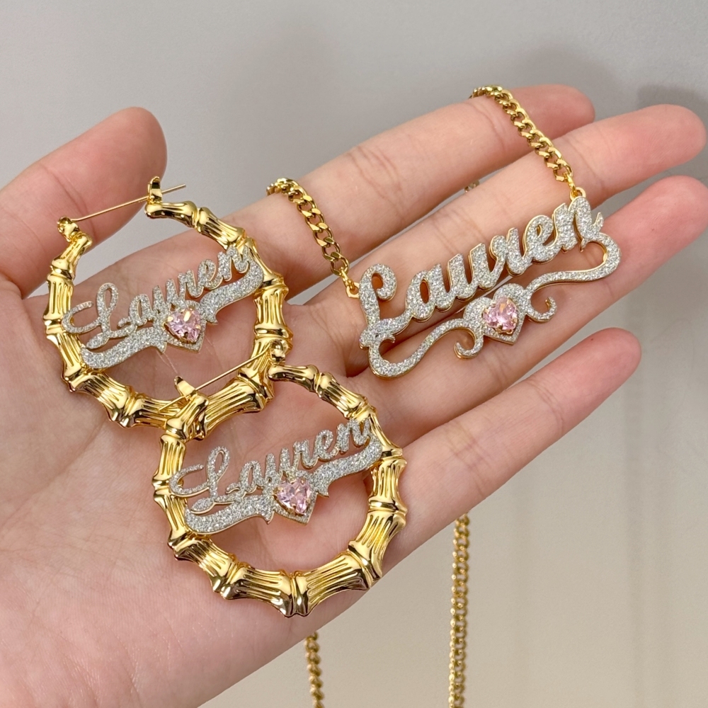 Shiny Heart Birthstone Personalized Name Necklace and Bamboo Earrings Set