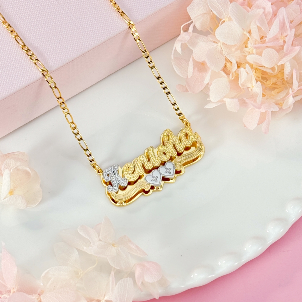 Two Tone Double Plate Custom Name Necklace with Two Hearts