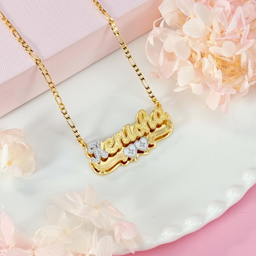 Two Tone Double Plate Custom Name Necklace with Two Hearts