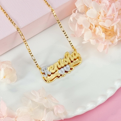 Two Tone Double Plate Custom Name Necklace with Two Hearts