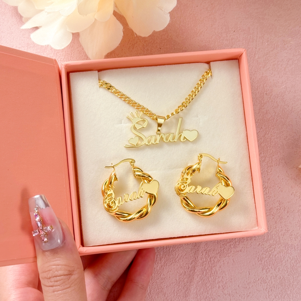 Crown Heart Personalized Name Necklace and Mini Twist Hoop Earrings Set