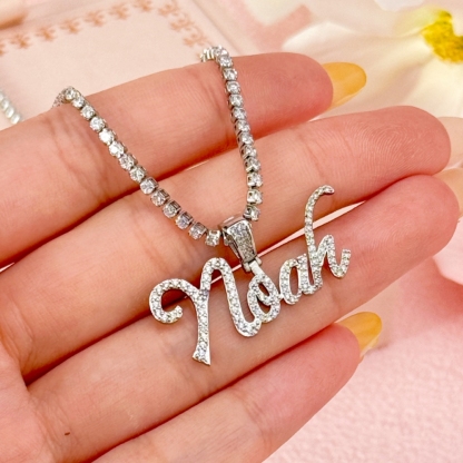 Tennis Chain Gold Plated Cursive Letter Pendant Personalized Custom Name Necklace