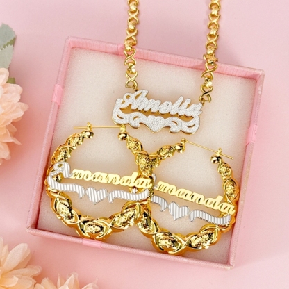 Double Layer Two Tone Personalized Custom Gold Plated XOXO Chain Name Necklace and XOXO Bamboo Hoop Name Earrings Set