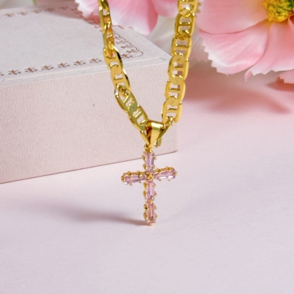 Pink Zirconia Cross Pendant Necklace with Mariner Chain