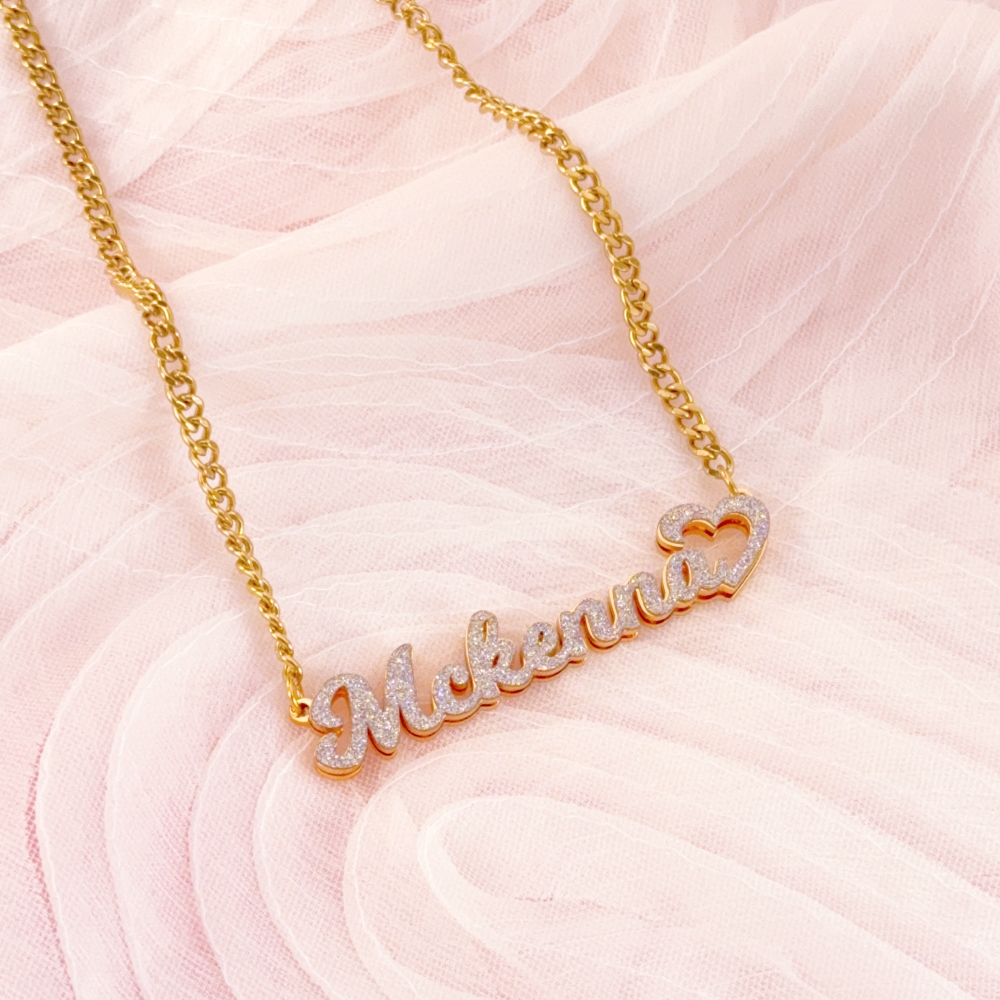 Shiny Bling Double Plate Heart Name Necklace Custom Name Necklace
