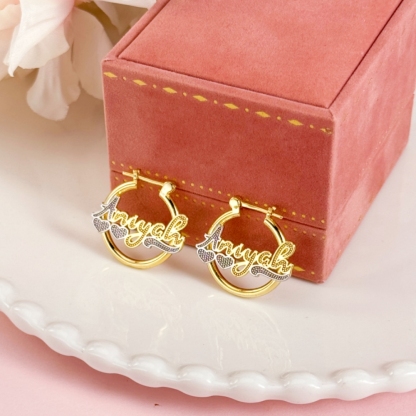 Gold Plated Hoop Personalized Name Earrings With Two Heart