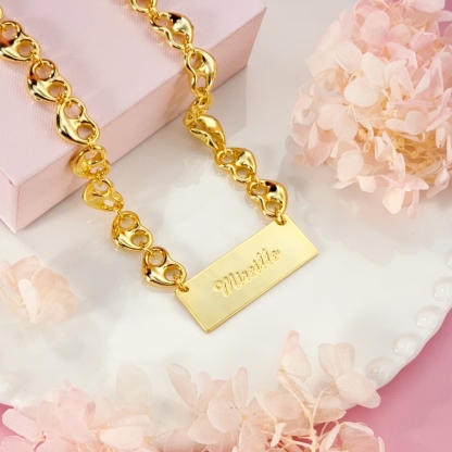 Puffed Heart Mariner Link Chain Engraved Nameplate Bar Necklace