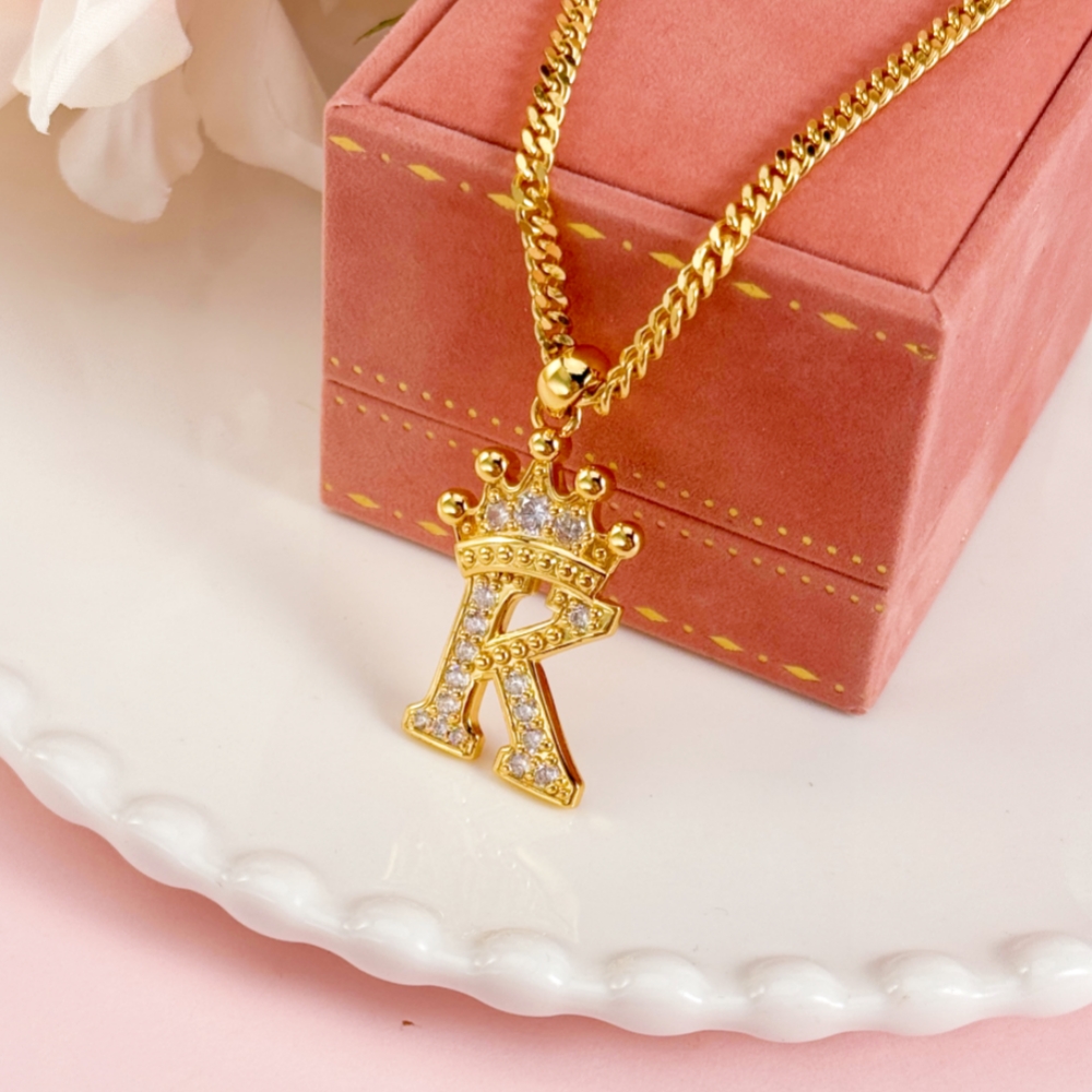 Custom Iced Out Crown A-Z Letter Initial Necklace Hip Hop Style