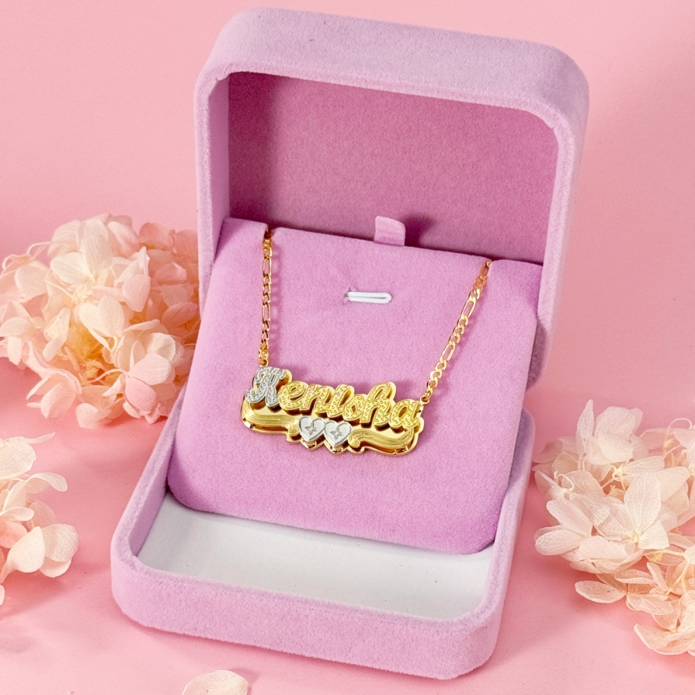 Two Tone Double Plate Custom Name Necklace with Two Hearts