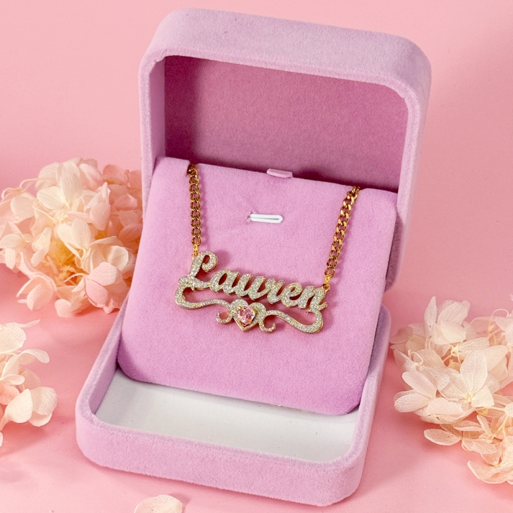 Double Layer Shiny Heart Birthstone Custom Name Necklace