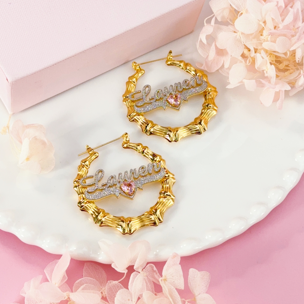 Shiny Heart Birthstone Personalized Name Necklace and Bamboo Earrings Set