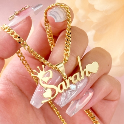 Crown Heart Personalized Name Necklace and Mini Twist Hoop Earrings Set