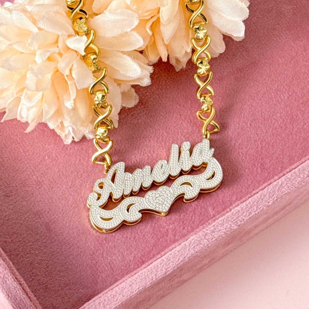 Double Layer Two Tone Personalized Custom Gold Plated XOXO Chain Name Necklace and XOXO Bamboo Hoop Name Earrings Set