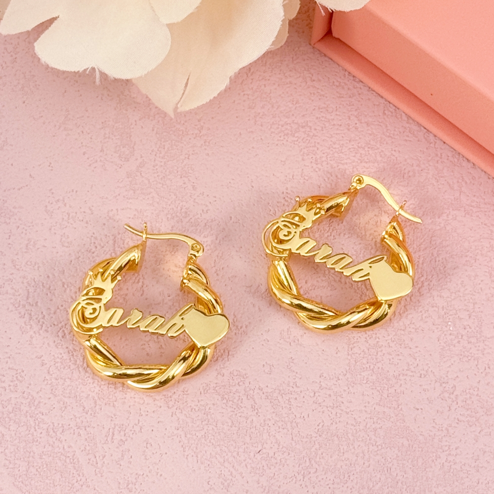 Crown Heart Personalized Name Necklace and Mini Twist Hoop Earrings Set