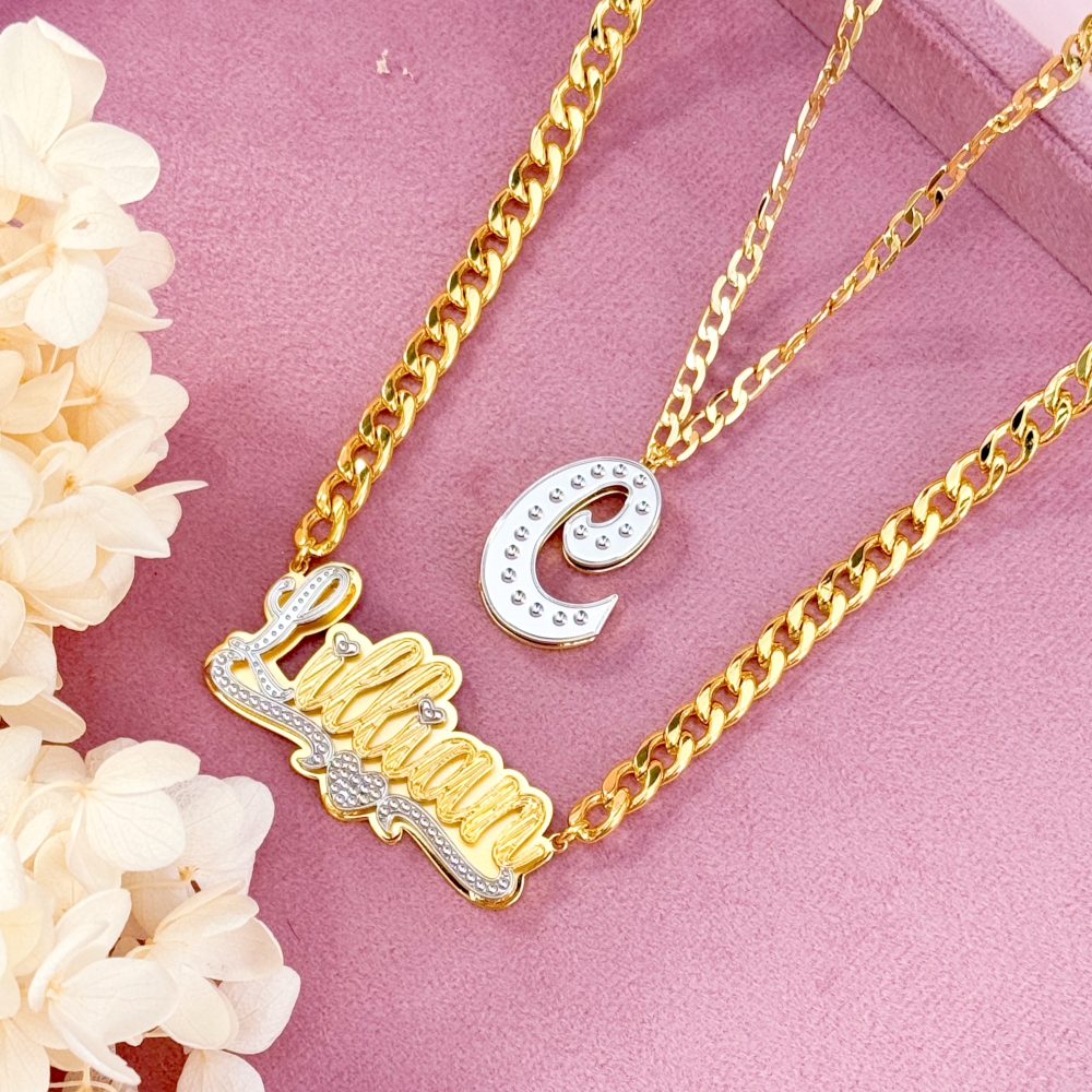 Double Layer Two Tone Initial Necklace and 3D Heart Name Necklace Set