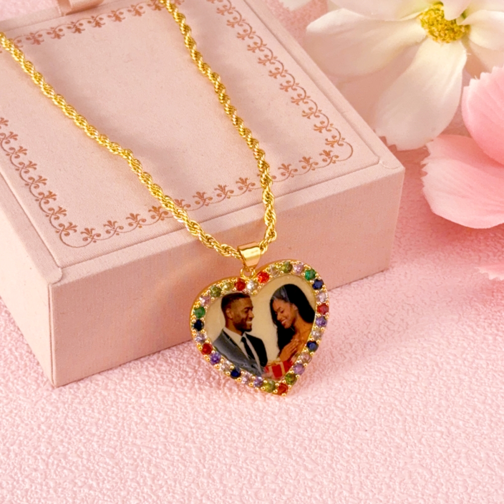 Multi-color Gemstone Custom Heart Shape Photo Pendant Necklace