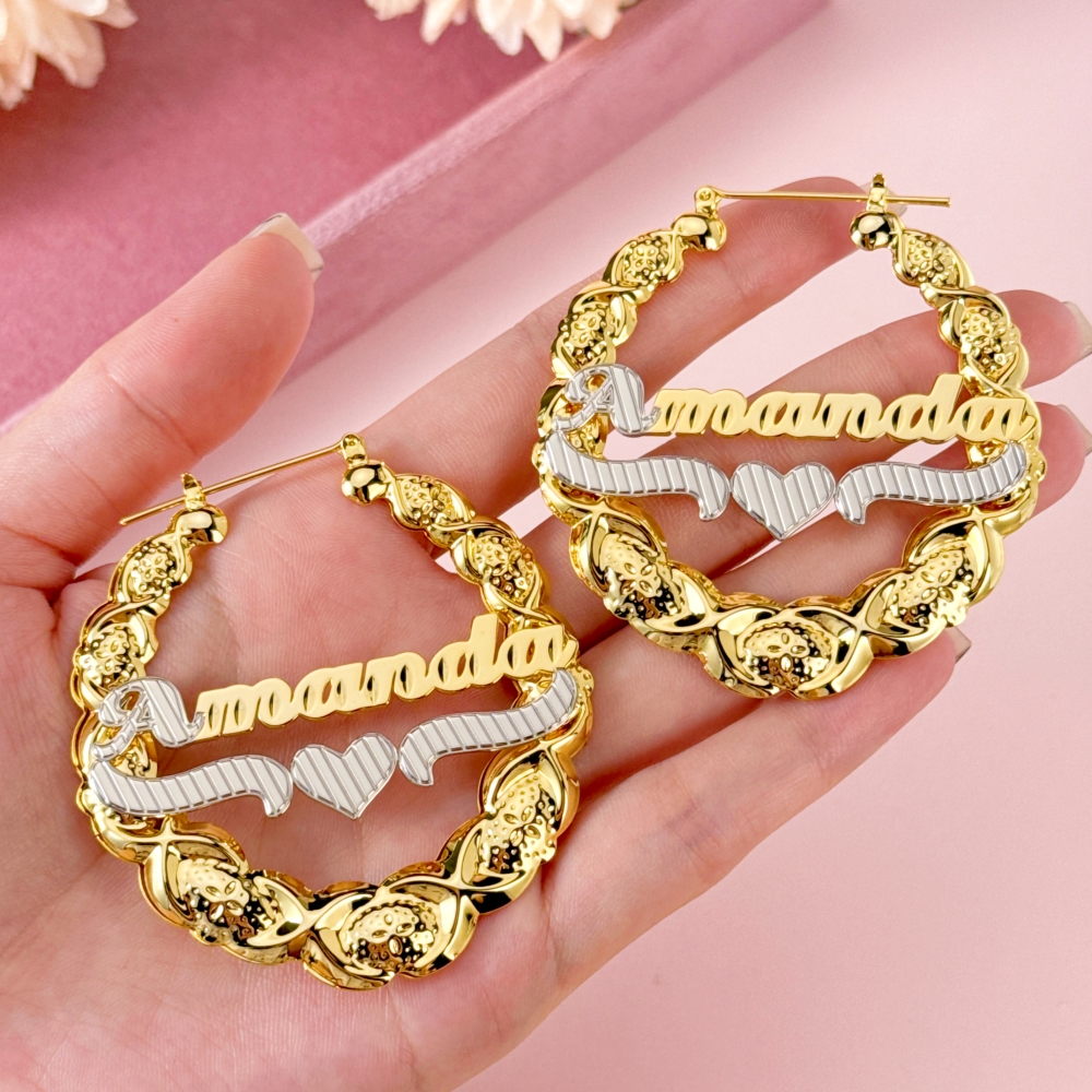 Two Tone XOXO Bamboo Hoop Name Earrings Gold Plated Personalized Custom with Heart