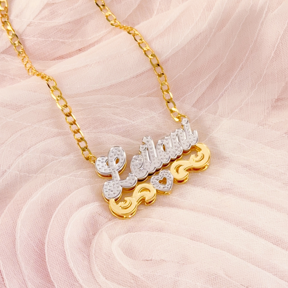 Double Layer Two Tone 3D Nameplate with Heart Personalized Gold Plated Name Necklace