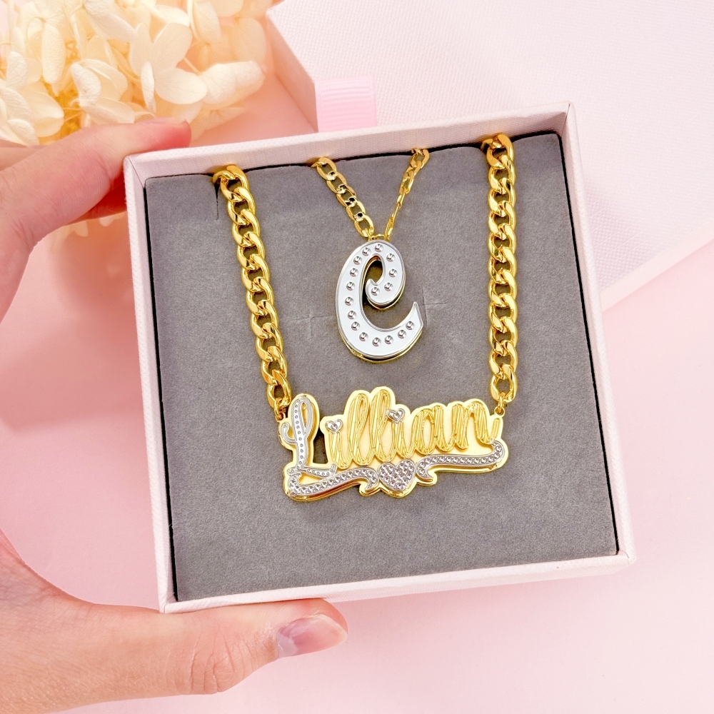 Double Layer Two Tone Initial Necklace and 3D Heart Name Necklace Set