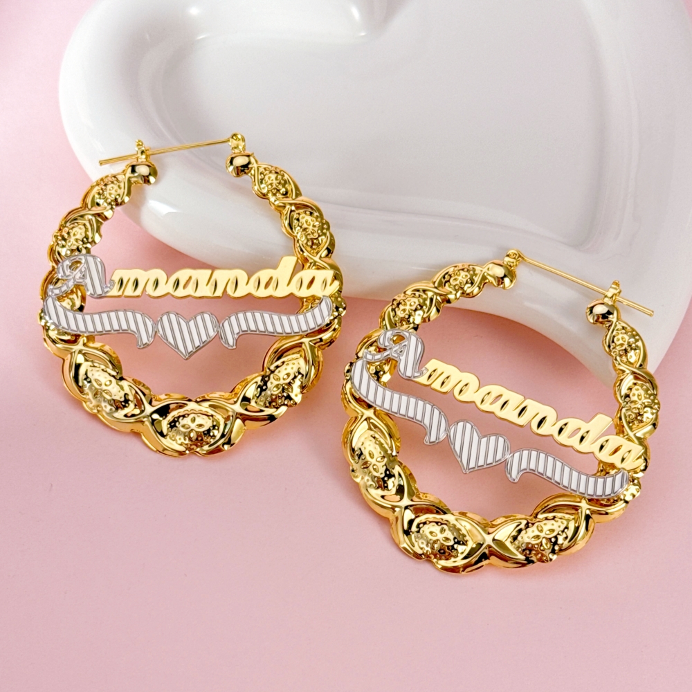 Two Tone XOXO Bamboo Hoop Name Earrings Gold Plated Personalized Custom with Heart
