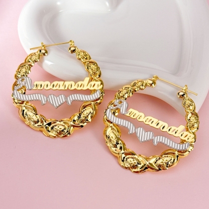Two Tone XOXO Bamboo Hoop Name Earrings Gold Plated Personalized Custom with Heart