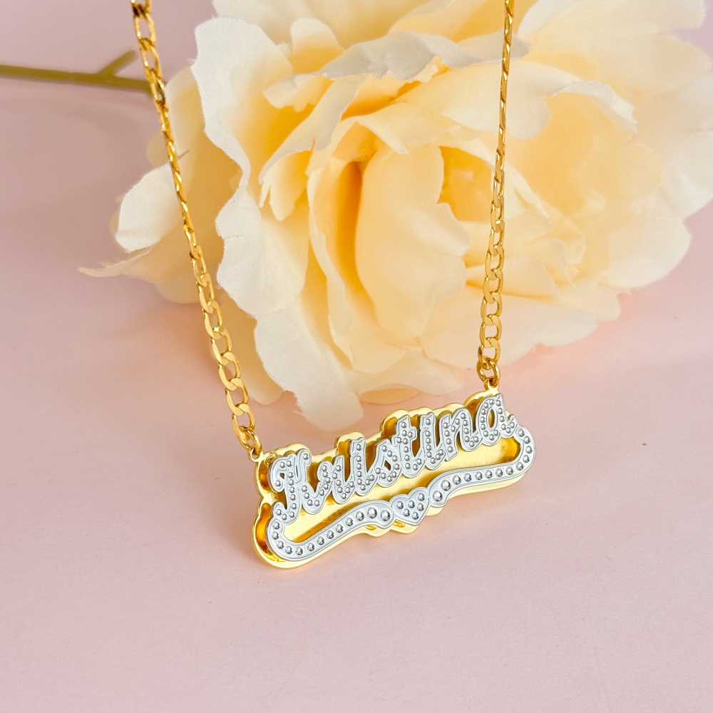 Double Layer Two Tone With Heart Personalized Custom Gold Plated Name Necklace Bracelet Set