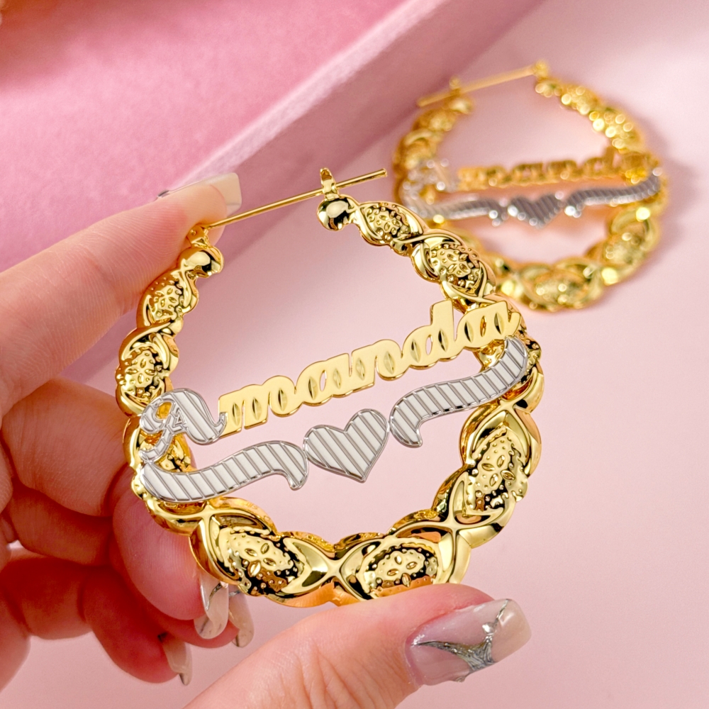 Two Tone XOXO Bamboo Hoop Name Earrings Gold Plated Personalized Custom with Heart