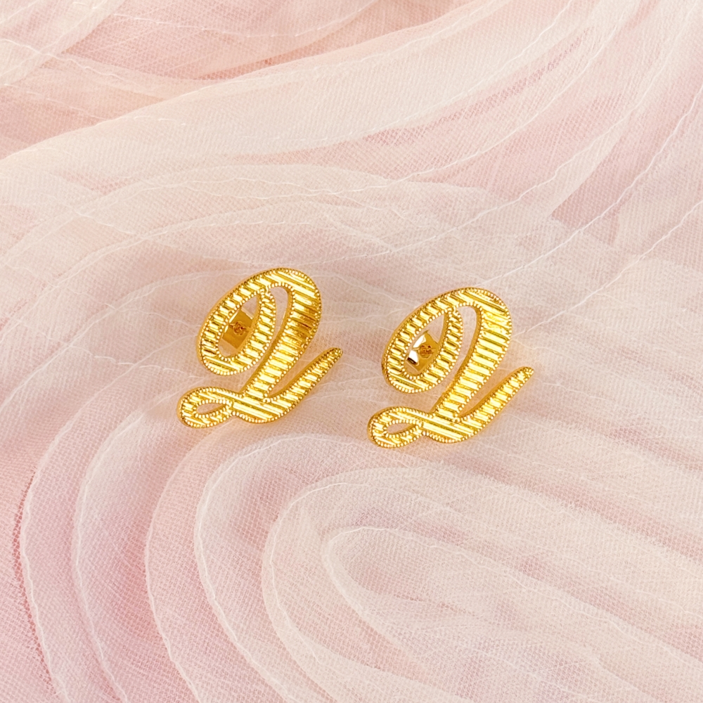 Nugget Diamond Cut Cursive Initial Earrings Personalized Initial Stud Earrings