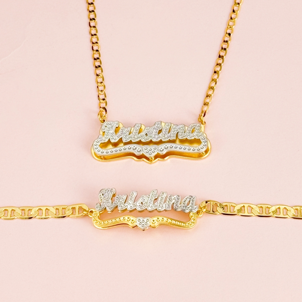 Double Layer Two Tone With Heart Personalized Custom Gold Plated Name Necklace Bracelet Set